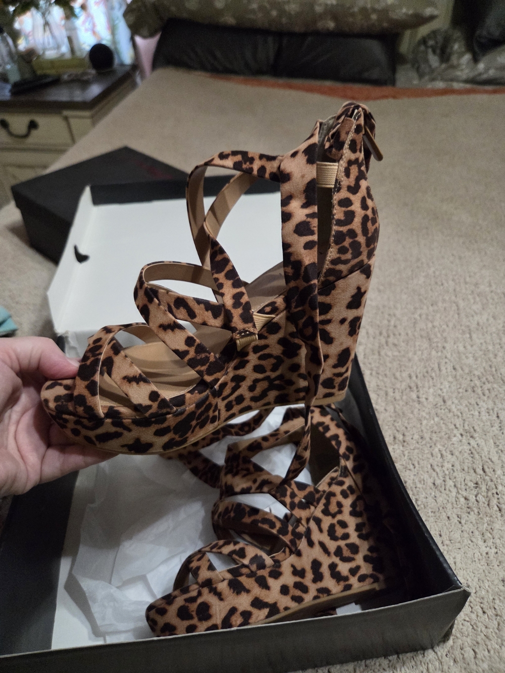 Leopard Print Strappy Wedge Sandals - Tan/Black
